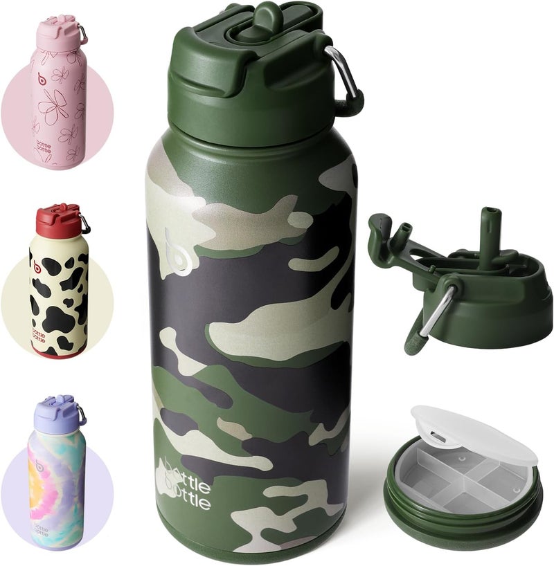 bottle bottle زجاجة زجاجة 32 أونصة زجاجة ماء رياضية معزولة من الفولاذ المقاوم للصدأ مع قشة وصندوق حبوب - تمويه الغابة - Image 1