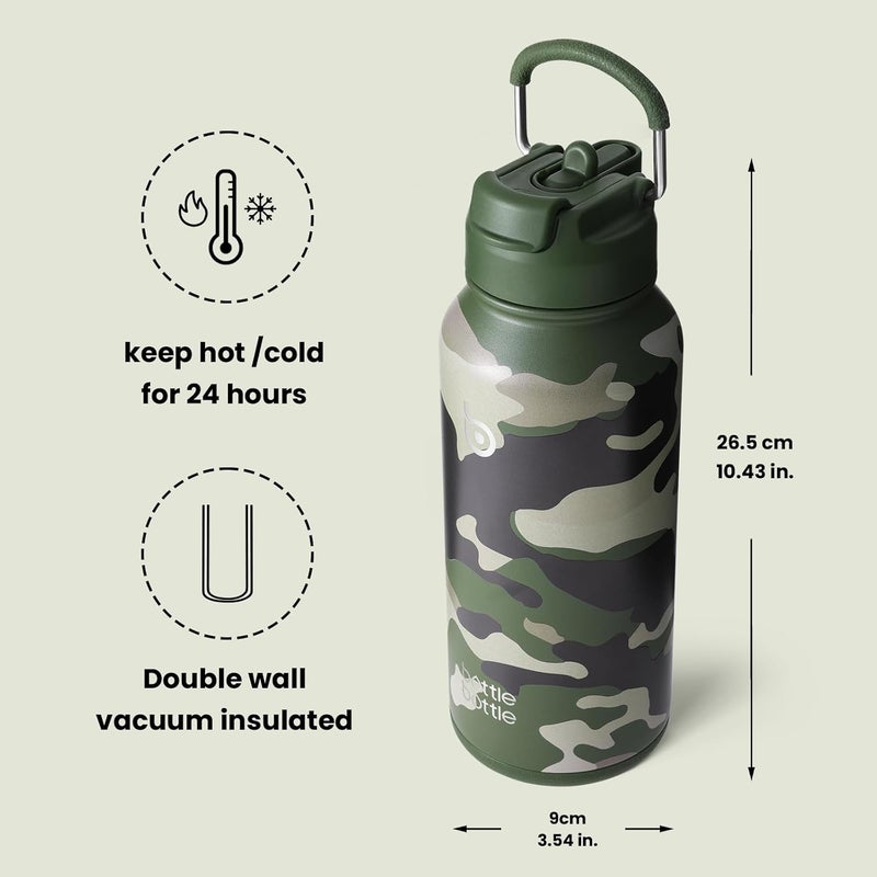 bottle bottle زجاجة زجاجة 32 أونصة زجاجة ماء رياضية معزولة من الفولاذ المقاوم للصدأ مع قشة وصندوق حبوب - تمويه الغابة - Image 5