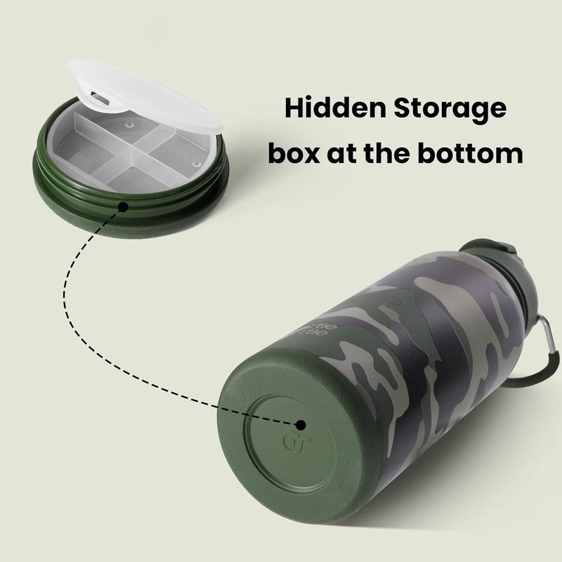 bottle bottle زجاجة زجاجة 32 أونصة زجاجة ماء رياضية معزولة من الفولاذ المقاوم للصدأ مع قشة وصندوق حبوب - تمويه الغابة - Image 2