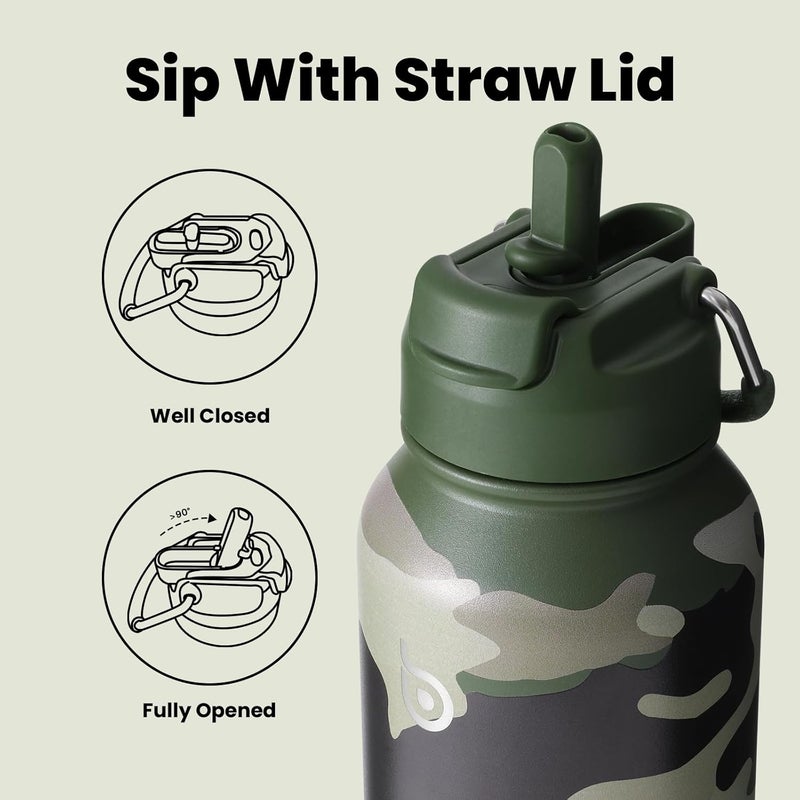 bottle bottle زجاجة زجاجة 32 أونصة زجاجة ماء رياضية معزولة من الفولاذ المقاوم للصدأ مع قشة وصندوق حبوب - تمويه الغابة - Image 3