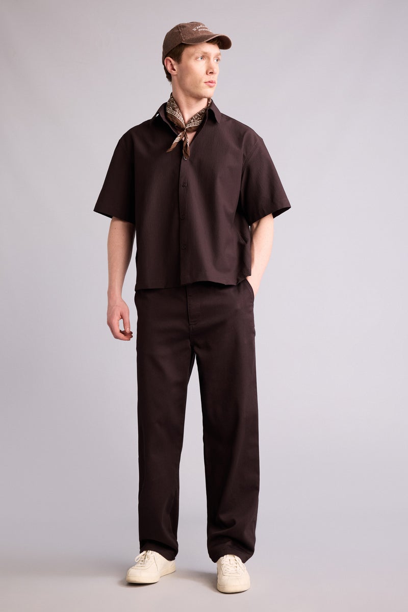 DeFacto Brown Man Boxy Fit Shirt Collar Crinkle Short Sleeve Shirt Casual - Image 2
