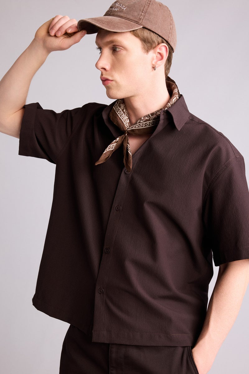 DeFacto Brown Man Boxy Fit Shirt Collar Crinkle Short Sleeve Shirt Casual - Image 1