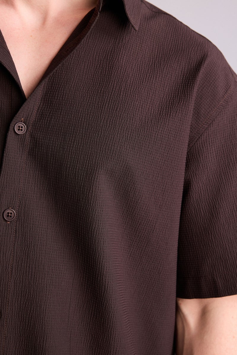 DeFacto Brown Man Boxy Fit Shirt Collar Crinkle Short Sleeve Shirt Casual - Image 4