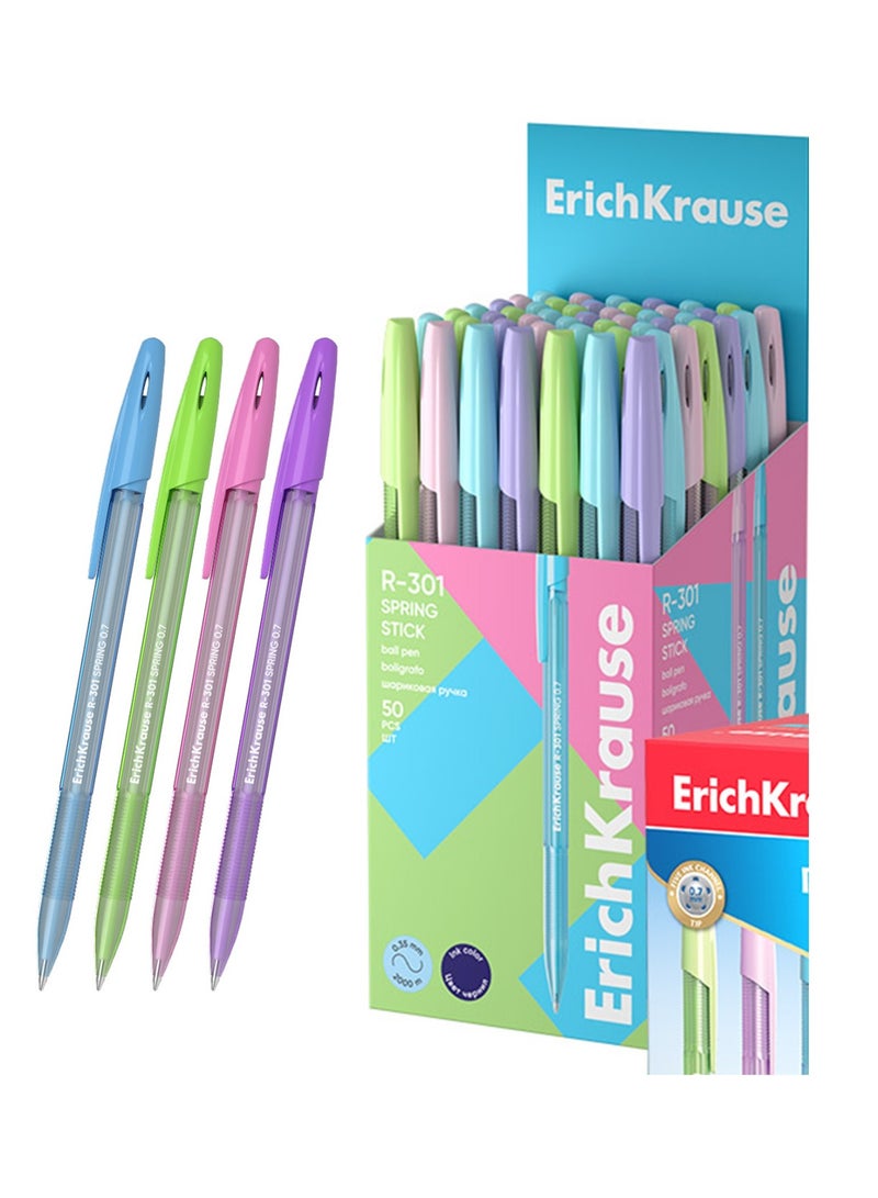 ErichKrause 50-Piece R-301 Spring Stick Ballpoint Pen 0.7mm Blue Ink Pastel Barrel Colours - Image 1