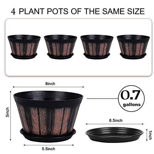 Quarut 8 inch Brown Plastic Whiskey Barrel Plant Pots Set of 4 with Drainage Holes and Saucer for Indoor and Outdoor Garden Home Plants - Image 2