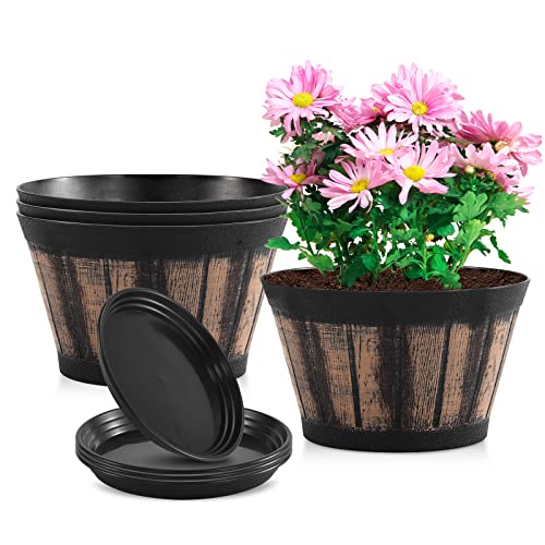Quarut 8 inch Brown Plastic Whiskey Barrel Plant Pots Set of 4 with Drainage Holes and Saucer for Indoor and Outdoor Garden Home Plants - Image 1