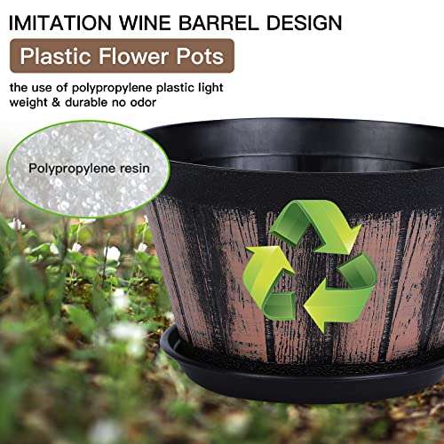 Quarut 8 inch Brown Plastic Whiskey Barrel Plant Pots Set of 4 with Drainage Holes and Saucer for Indoor and Outdoor Garden Home Plants - Image 3