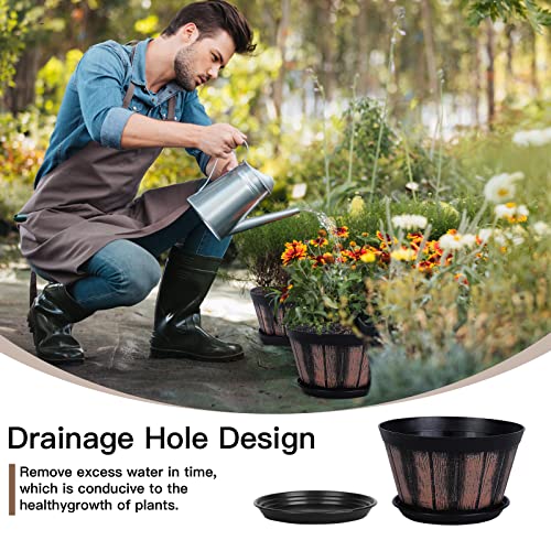 Quarut 8 inch Brown Plastic Whiskey Barrel Plant Pots Set of 4 with Drainage Holes and Saucer for Indoor and Outdoor Garden Home Plants - Image 4