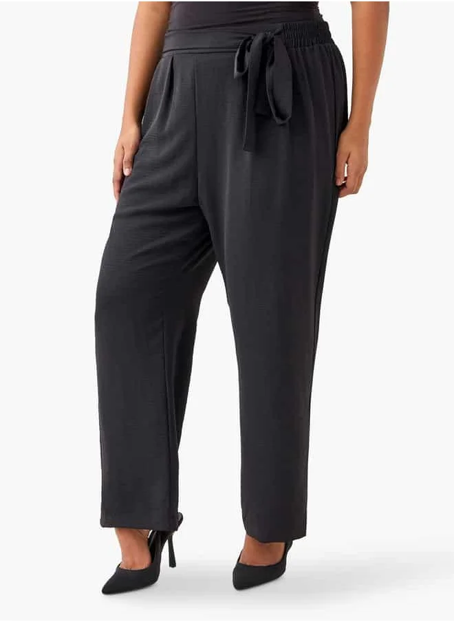 Ulla Popken Plus Size Ulla Popken Wide Leg Trousers with Tie-Up Waist