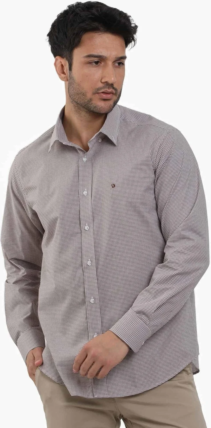 Dufy Brown Men's Regular Fit Pitikare Patterned Button Collar Long Sleeve Shirt - 98369
