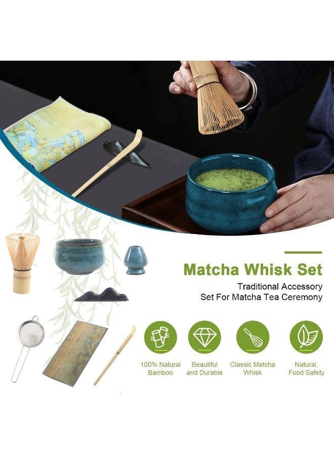 أنمي مجموعة شاي ماتشا ٧ قطع، مجموعة خفق شاي يابانية تشمل وعاء ماتشا بخَطْم، ملعقة، مصفاة شاي من الفولاذ المقاوم للصدأ، حامل خافق، حامل ملعقة سيراميكي، قماش شاي، طقم صنع شاي أخضر تقليدي يدوي للهدايا الاحتفالية - Image 2