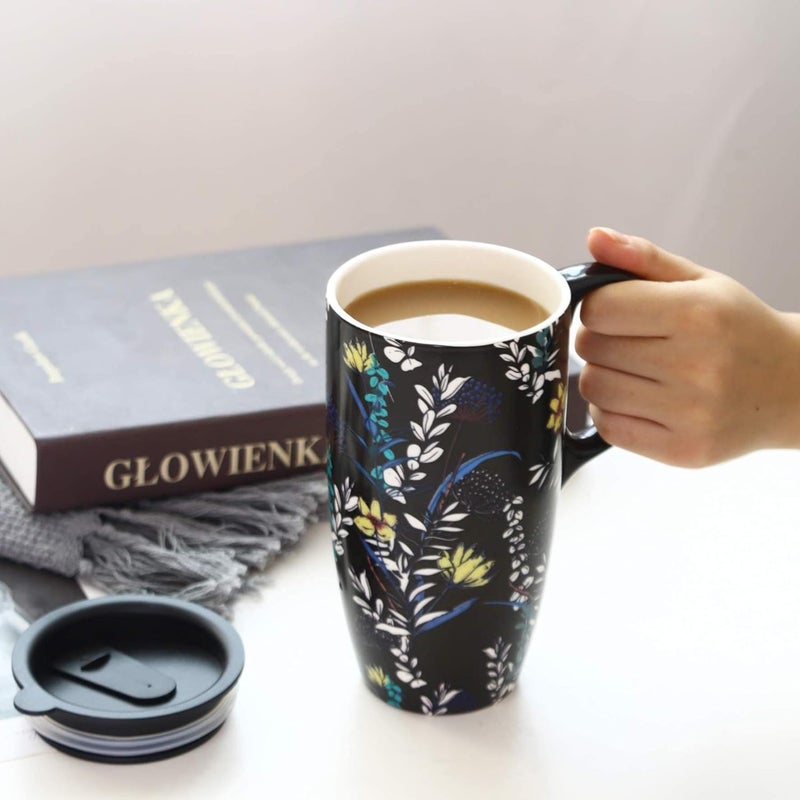 DUSVALLY Ceramic Mug Large Coffee Cup Tall Travel Coffee Mugs Porcelain Latte Tea Cup with Lid and Handle17oz2 PackGifts for Mom - Image 5