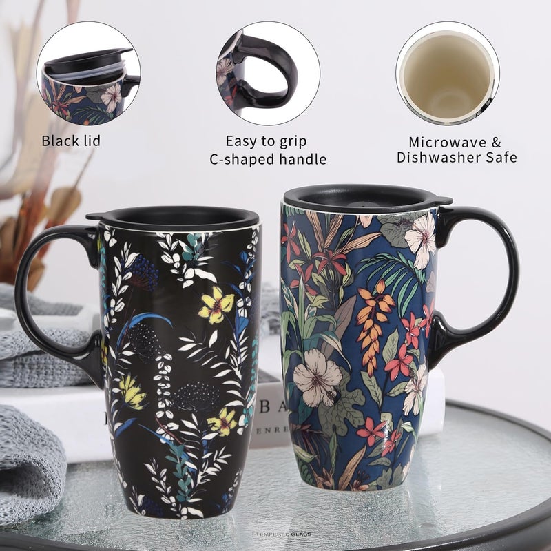 DUSVALLY Ceramic Mug Large Coffee Cup Tall Travel Coffee Mugs Porcelain Latte Tea Cup with Lid and Handle17oz2 PackGifts for Mom - Image 2