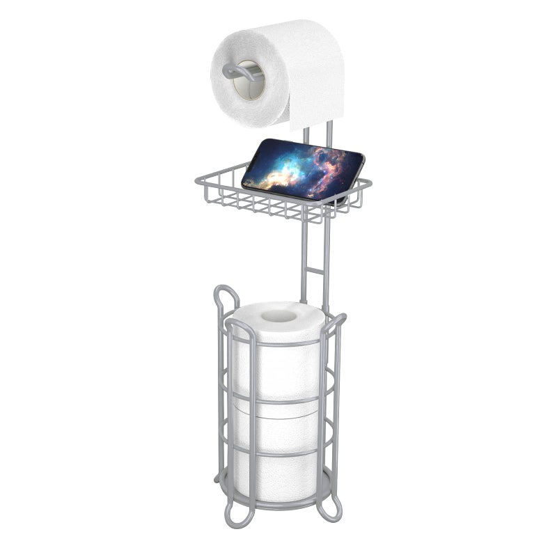 TreeLen Toilet Paper Roll Holder Stand Bathroom Tissue Holders Free Standing with Middle Shelf Storage Reserve Mega RollsPhoneWipeGray 
