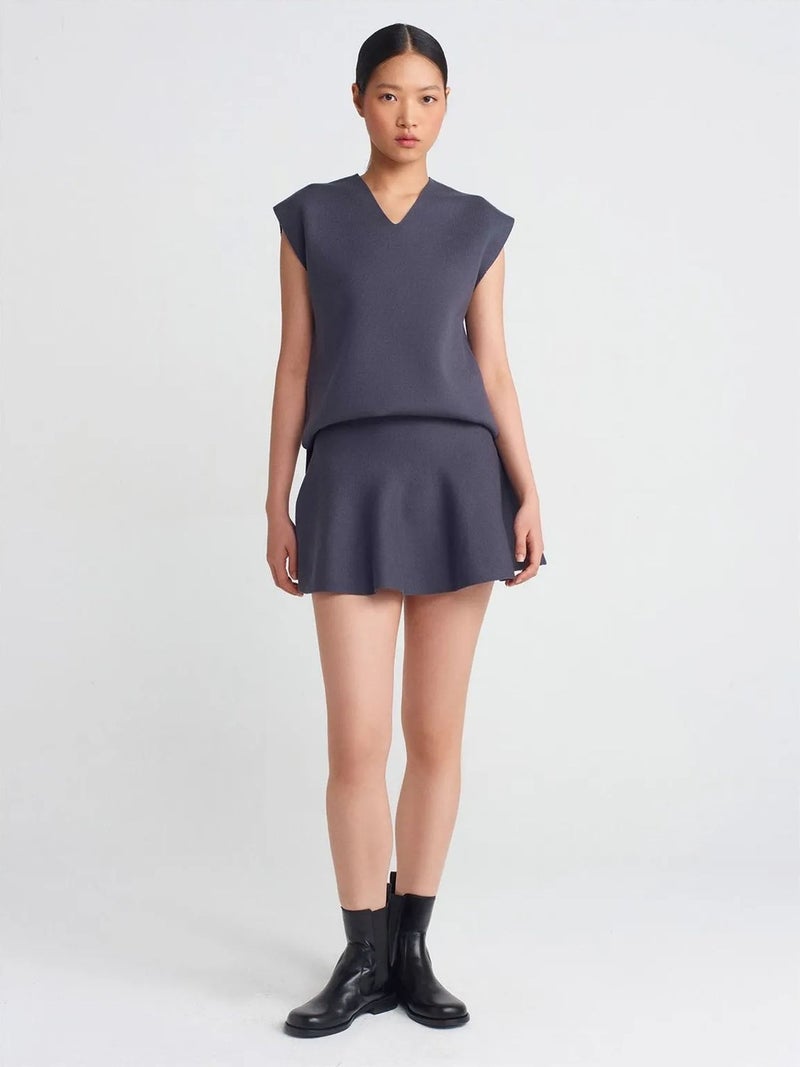 DILVIN Mid-Waist Ribbed Knit Skater Mini Skirt - Image 1