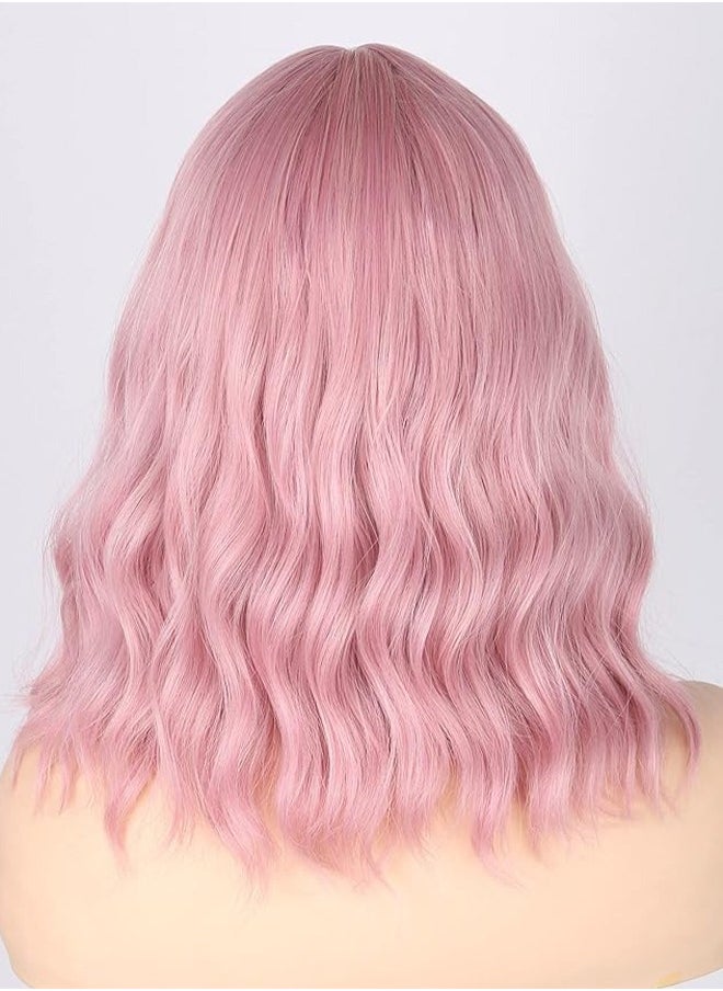 Ocean - Pastel Wavy Wig with Air Bangs Women's Short Bob Pink Wig Curly Wavy Shoulder Length Pastel Bob Synthetic Cosplay Wig for Girl Colorful Costume Wigs(Pink) - Image 1