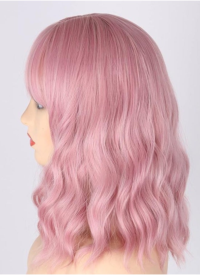 Ocean - Pastel Wavy Wig with Air Bangs Women's Short Bob Pink Wig Curly Wavy Shoulder Length Pastel Bob Synthetic Cosplay Wig for Girl Colorful Costume Wigs(Pink) - Image 1