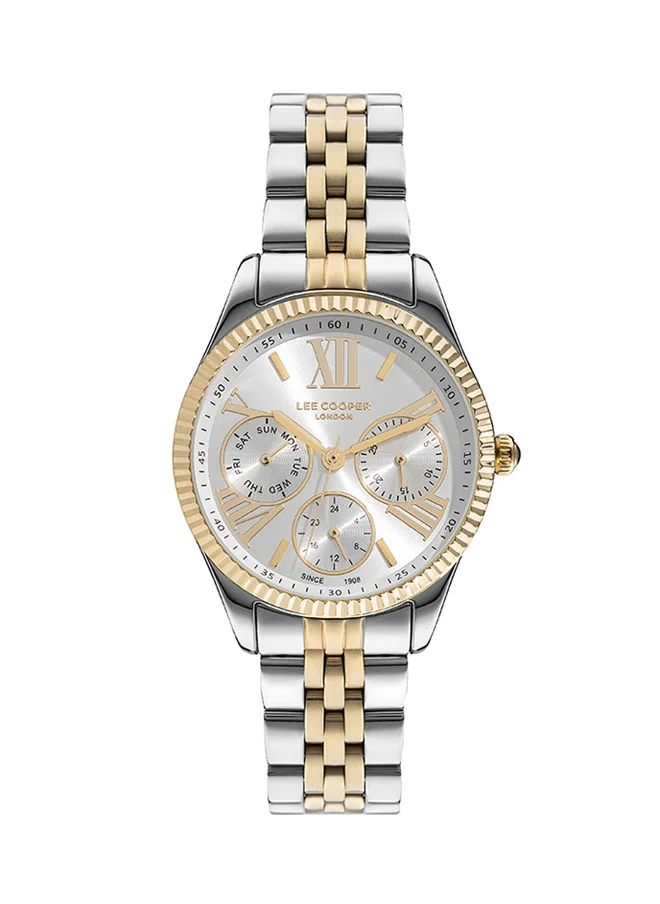 لي كوبر Lee Cooper Women's Quartz Movement Watch, Multi Function Display and Metal Strap - LC07333.230, Silver/Gold