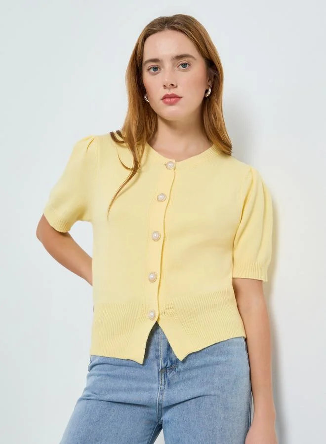 Take Two Women Pearl Button Puff Sleeve Knit Top