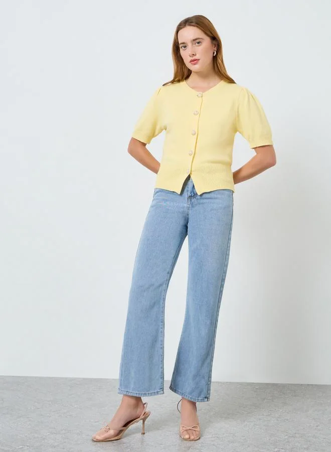 Take Two Women Pearl Button Puff Sleeve Knit Top