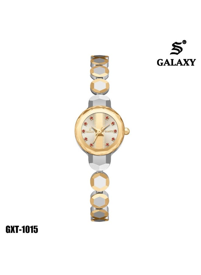 جالاكسي ساعة يد نسائية GALAXY GXT-1015 كوارتز عقارب بلونين فضي وذهبي مع ميناء شامبين وسوار حلقي