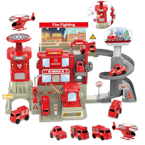 deAO Fire Station Toy with Fire Truck Set Firefighting Playset Pretend Play Toy with Car Helicopter and Accessories Birthday Gifts for Toddlers 3 - Image 1