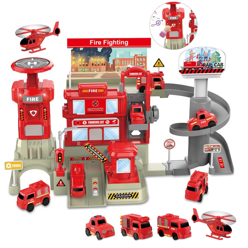 deAO Fire Station Toy with Fire Truck Set Firefighting Playset Pretend Play Toy with Car Helicopter and Accessories Birthday Gifts for Toddlers 3 - Image 3