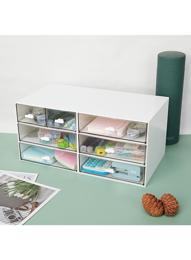 إيروريكس منظم مكتب مع 4 أدراج صندوق تخزين مكتبي بلاستيكي شفاف لتنظيم سطح المكتب للوازم المكتبية أقلام جل أقلام رصاص علامات شريط ممحاة مشابك ورق شواحن أبيض 4 أدراج - Image 5