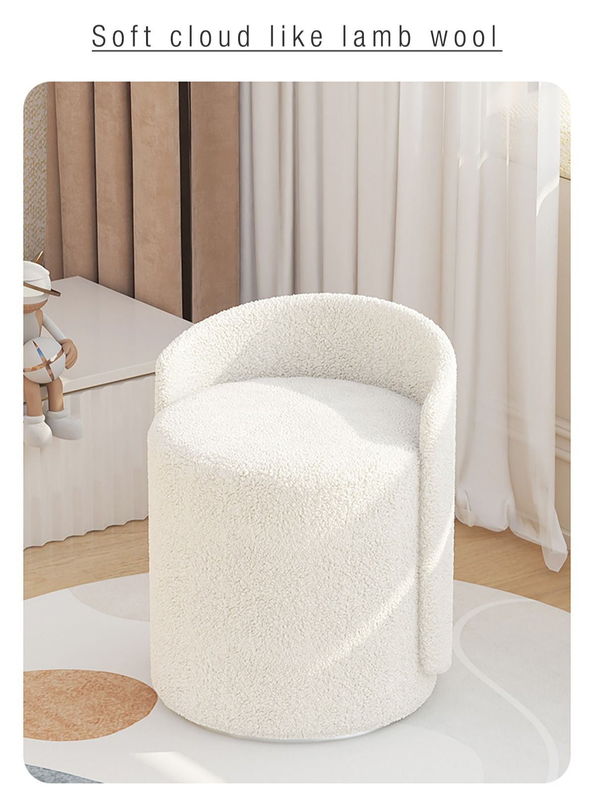 Vanity Ottoman Makeup Seat Dressing Stool Footrest Ladies Stool Girl Chairs Lounge Chair for Bedroom Living Dining Retail Boucle Round H53xW41.5xL41.5 cm 