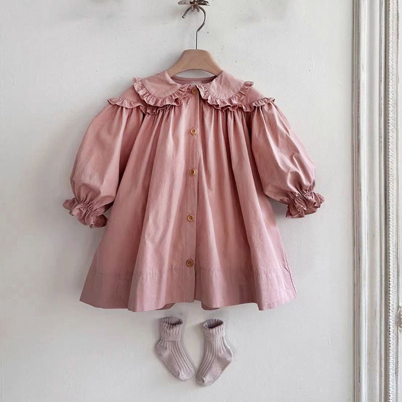 Girls Ins Korean Style Spring New Arrival dress Korean Style Cute Loose Puff Sleeve Baby Girl Doll Shirt Dress Pink