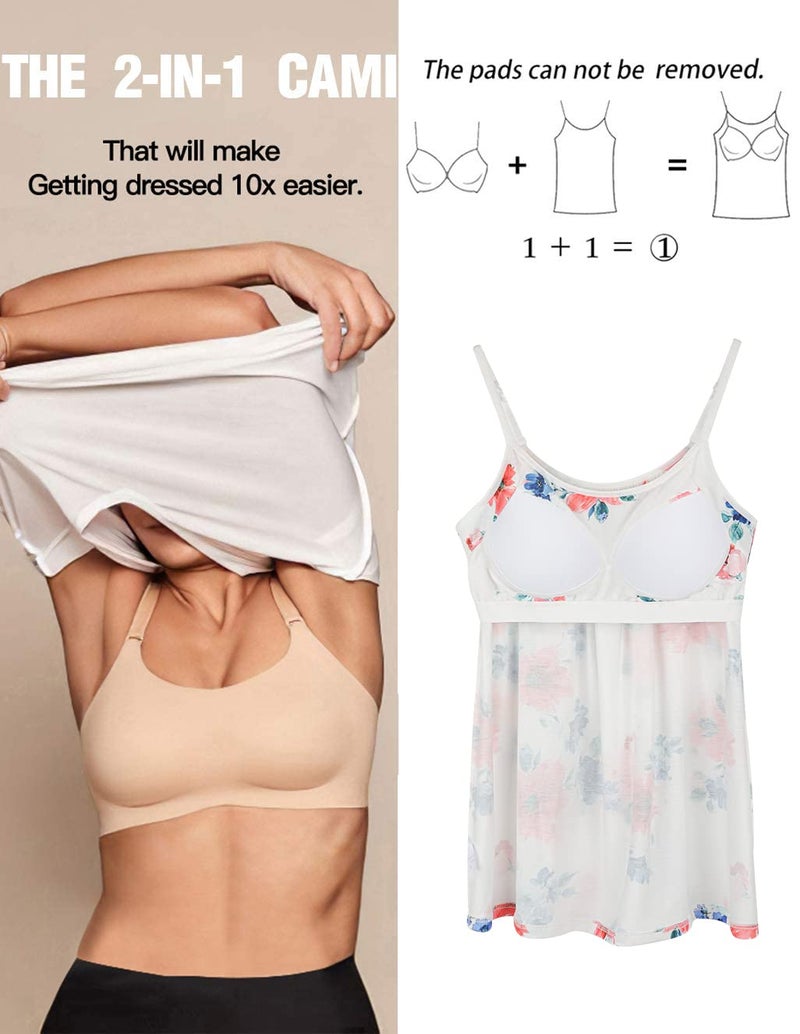 ANYFITTING Built in Bra Tank Top with Shelf Bra Cup for Legging Spaghetti Strap Summer Top with Padded Bra Shelf Bra for Sports Yoga Floral Print L - Image 3