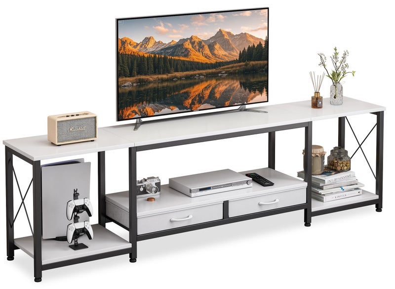 فامابي حامل تلفزيون لغرفة المعيشة، طاولة تلفزيون مع خزانة قماشية وأرفف مفتوحة، خزانة تلفزيون مع تخزين وحامل تلفزيون، وحدة تحكم وسائط حديثة لغرفة النوم 175*40*50 سم أبيض طاولات تلفزيون - Image 1