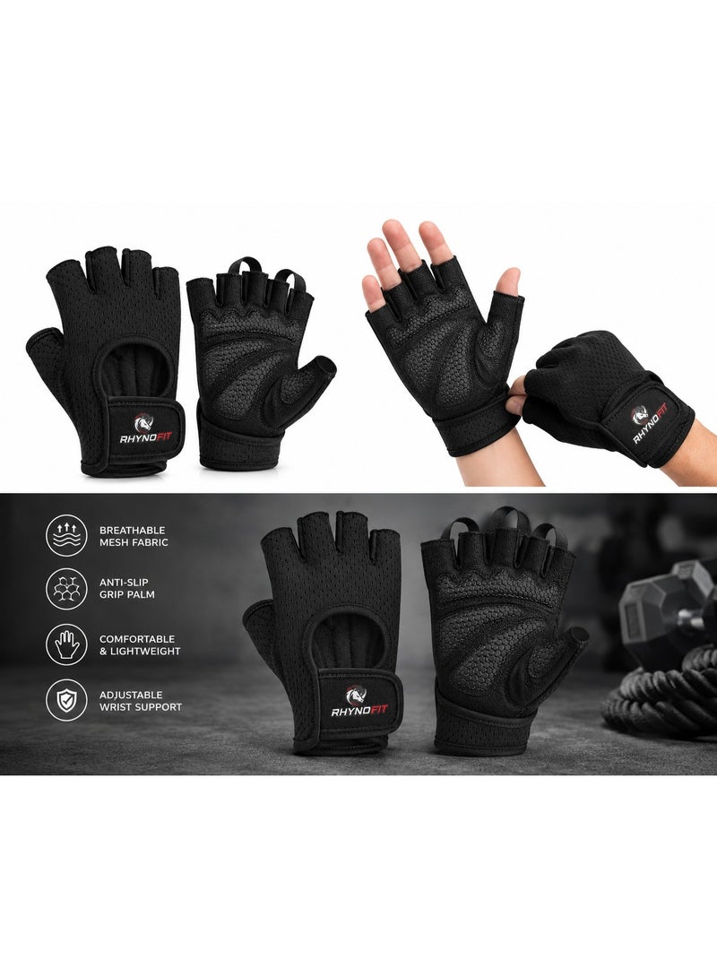 RHYNOFIT Weight Lifting Gloves - Half Finger Workout Gloves Men Women Anti-Slip Padded Palm Gym Gloves Exercise Gloves Cycling Fitness Weightlifting Strength Training, Medium - Image 3
