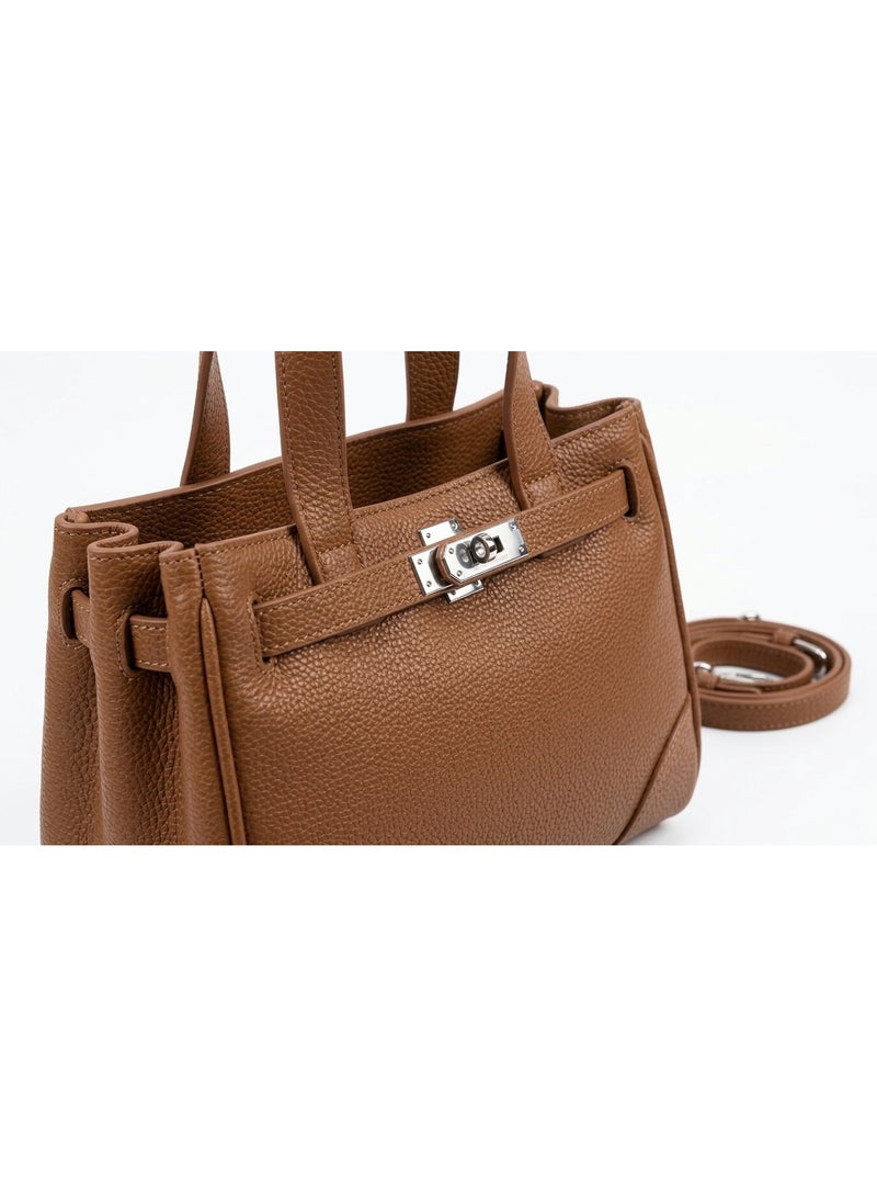 Women's Pebbled Faux Leather Structured Top Handle Satchel Crossbody Bag with Silver Turn-Lock, Detachable Strap, Camel Brown, 25x20x15 cm - Image 5