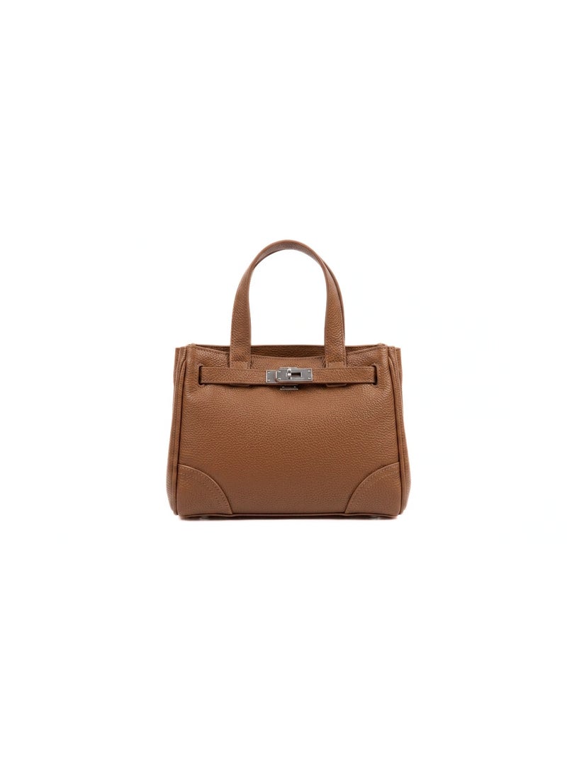 Women's Pebbled Faux Leather Structured Top Handle Satchel Crossbody Bag with Silver Turn-Lock, Detachable Strap, Camel Brown, 25x20x15 cm - Image 1