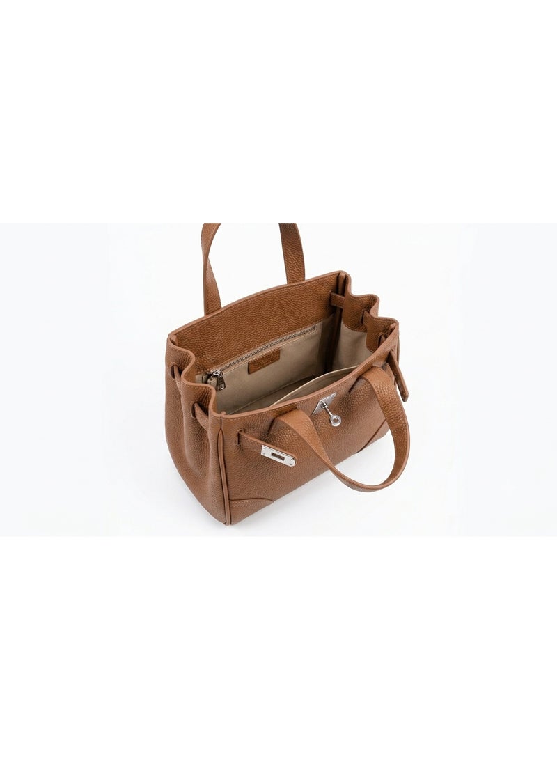 Women's Pebbled Faux Leather Structured Top Handle Satchel Crossbody Bag with Silver Turn-Lock, Detachable Strap, Camel Brown, 25x20x15 cm - Image 2