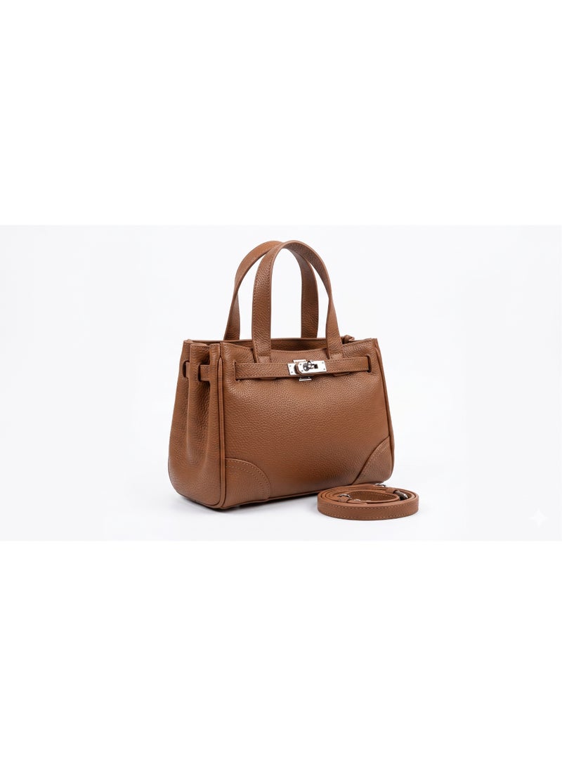 Women's Pebbled Faux Leather Structured Top Handle Satchel Crossbody Bag with Silver Turn-Lock, Detachable Strap, Camel Brown, 25x20x15 cm - Image 3