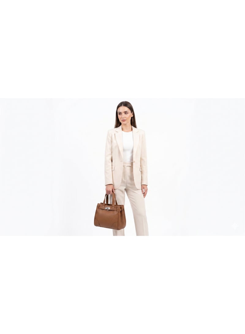 Women's Pebbled Faux Leather Structured Top Handle Satchel Crossbody Bag with Silver Turn-Lock, Detachable Strap, Camel Brown, 25x20x15 cm - Image 4