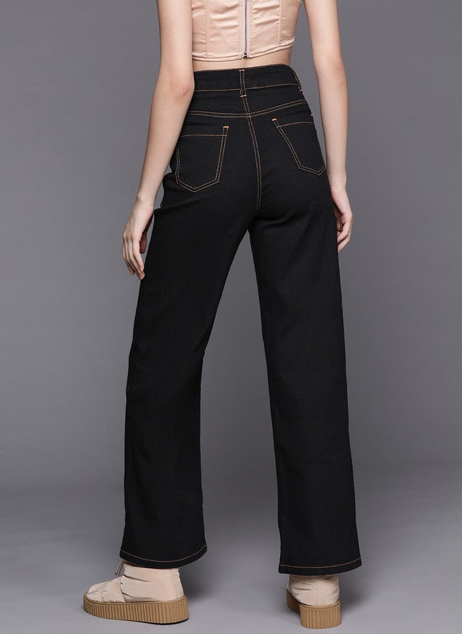 SASSAFRAS Black Straight Fit High-Rise Jeans for Women - Image 3