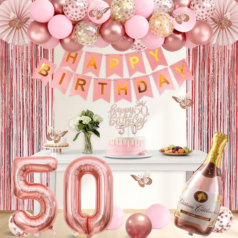 Juesly 50th Birthday Decorations for Women, Rose Gold Happy 50th Birthday Decorations for Her, 50 Crown and Sash, Banner, Fringe Curtains, Hanging Paper Fans, 50 Year Old Party Supplies Set - Image 5