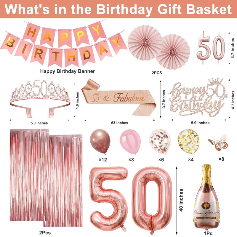 Juesly 50th Birthday Decorations for Women, Rose Gold Happy 50th Birthday Decorations for Her, 50 Crown and Sash, Banner, Fringe Curtains, Hanging Paper Fans, 50 Year Old Party Supplies Set - Image 3