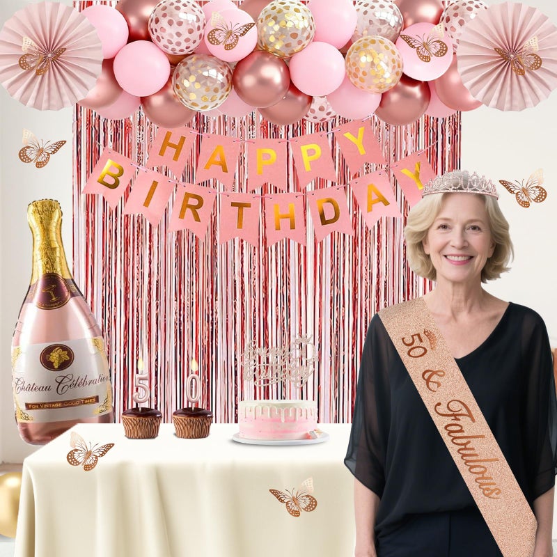 Juesly 50th Birthday Decorations for Women, Rose Gold Happy 50th Birthday Decorations for Her, 50 Crown and Sash, Banner, Fringe Curtains, Hanging Paper Fans, 50 Year Old Party Supplies Set - Image 2
