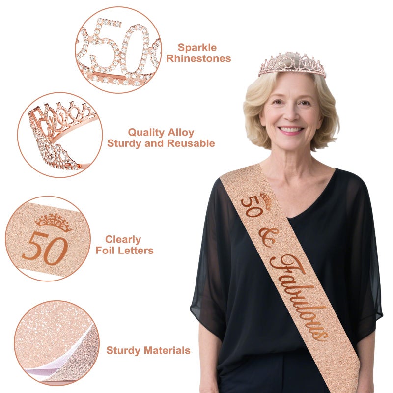 Juesly 50th Birthday Decorations for Women, Rose Gold Happy 50th Birthday Decorations for Her, 50 Crown and Sash, Banner, Fringe Curtains, Hanging Paper Fans, 50 Year Old Party Supplies Set - Image 4