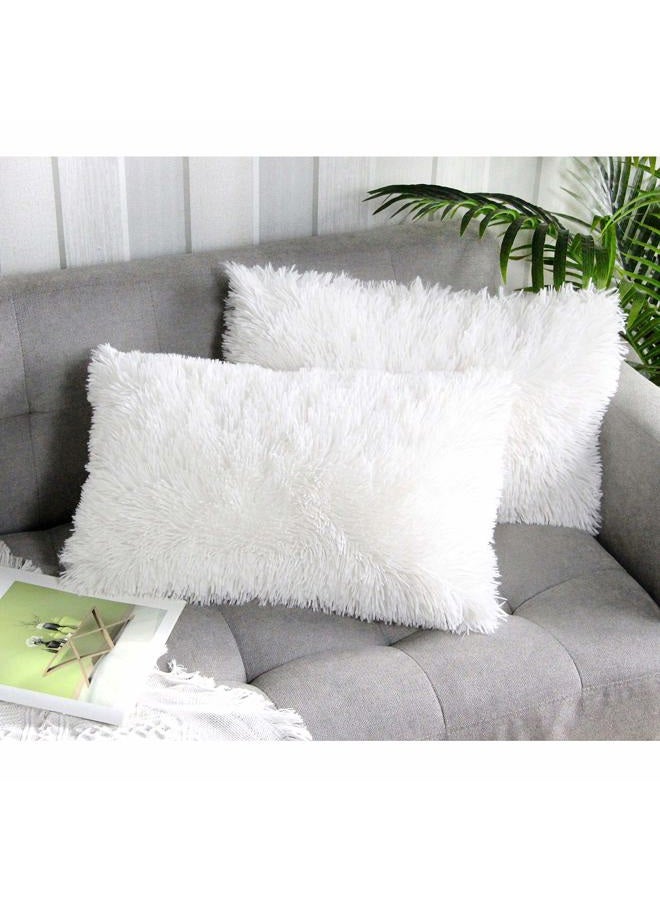 Uhomy 2 Packs Fluffy Accent Pillows Cover 20"x12", Soft White Faux Fur Throw Pillow Case, Modern Luxury Decorative Square Cushion Cover for Farmhouse Home Decor for Sofa/Bed/Chair, 50x30cm - Image 1