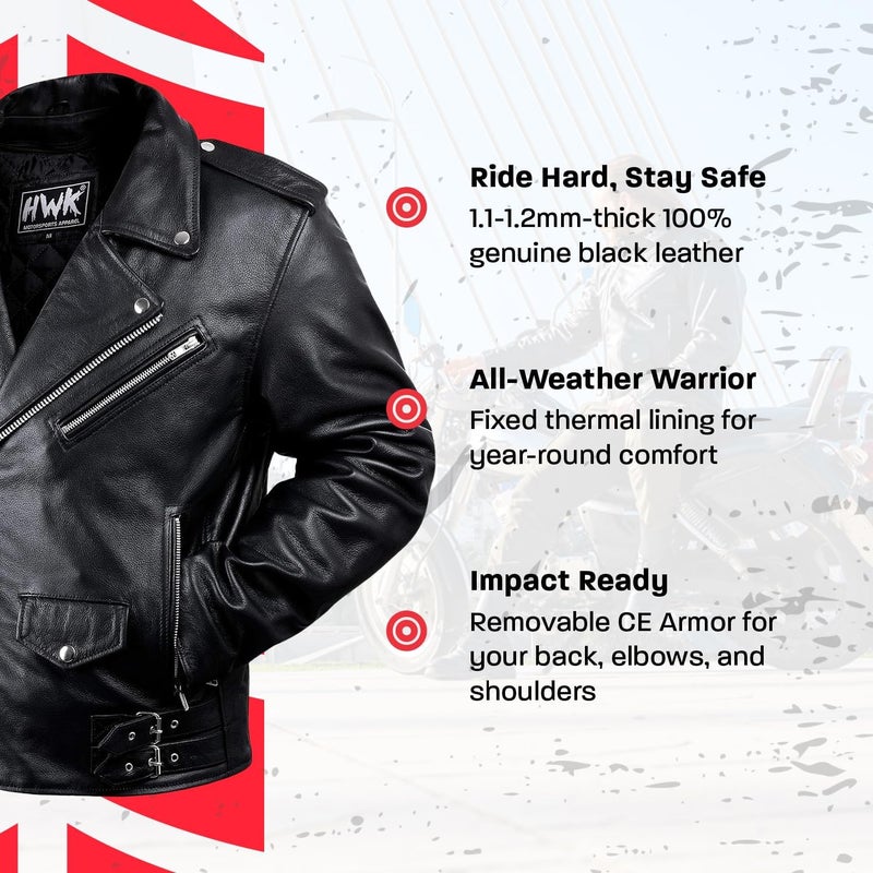 HWK Brando Leather Motorcycle Jacket for Men, Genuine Black Leather Jacket with Removable CE Armor for Motorbike Riding - Image 2