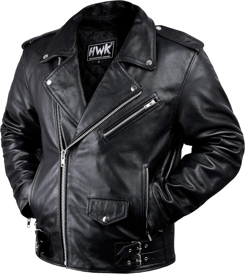 HWK Brando Leather Motorcycle Jacket for Men, Genuine Black Leather Jacket with Removable CE Armor for Motorbike Riding - Image 1