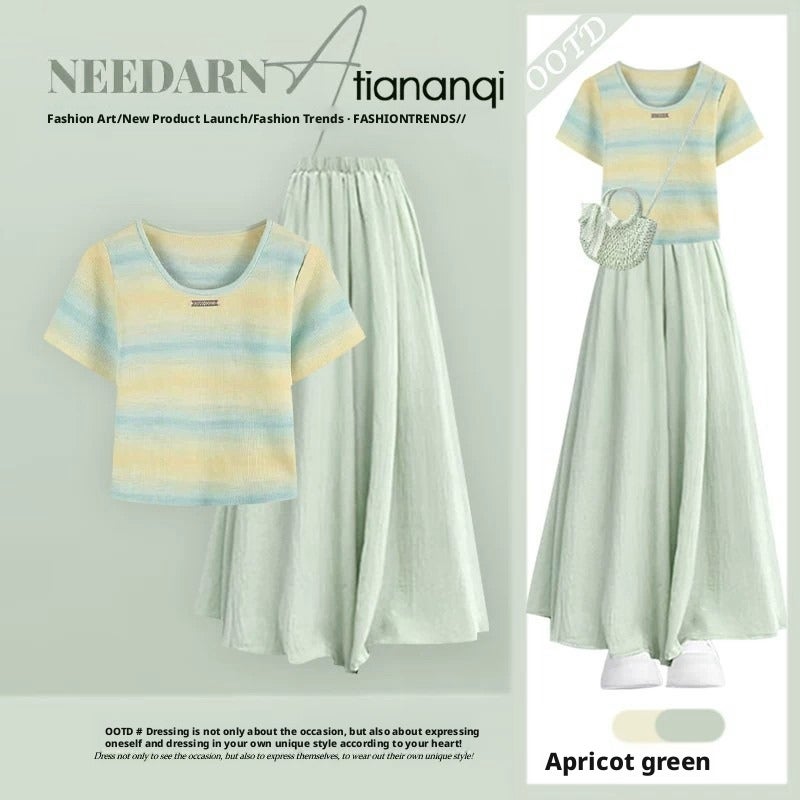 Korean Sweet Style Short Sleeve Top and Draped Casual Skirt Pants Two-Piece Set for Women 2026 Summer - Image 3