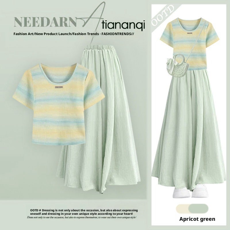 Korean Sweet Style Short Sleeve Top and Draped Casual Skirt Pants Two-Piece Set for Women 2026 Summer - Image 1