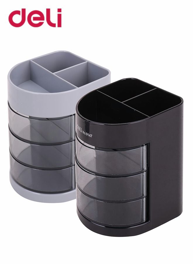 ديلي طقم حامل أقلام متعدد الوظائف مع 3 مقصورات و3 أدراج مكون من 2 قطع منظم مكتب مناسب للمكتب والمنزل والمدرسة أسود وأغبر - Image 1