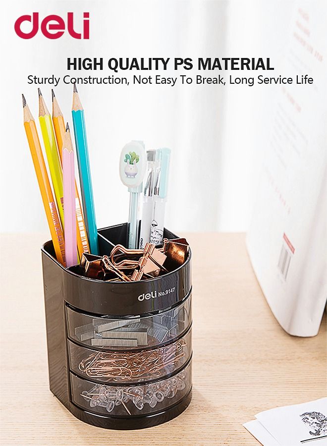 ديلي طقم حامل أقلام متعدد الوظائف مع 3 مقصورات و3 أدراج مكون من 2 قطع منظم مكتب مناسب للمكتب والمنزل والمدرسة أسود وأغبر - Image 2